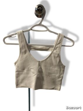 Ribbed V-Neck Crop Tank Top - Cream